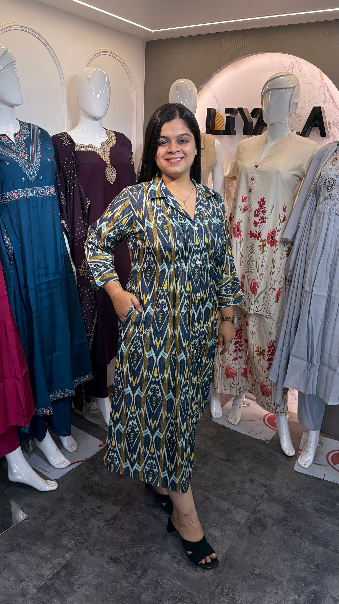 Denim look Cotton blend Ikkat print one piece Dress