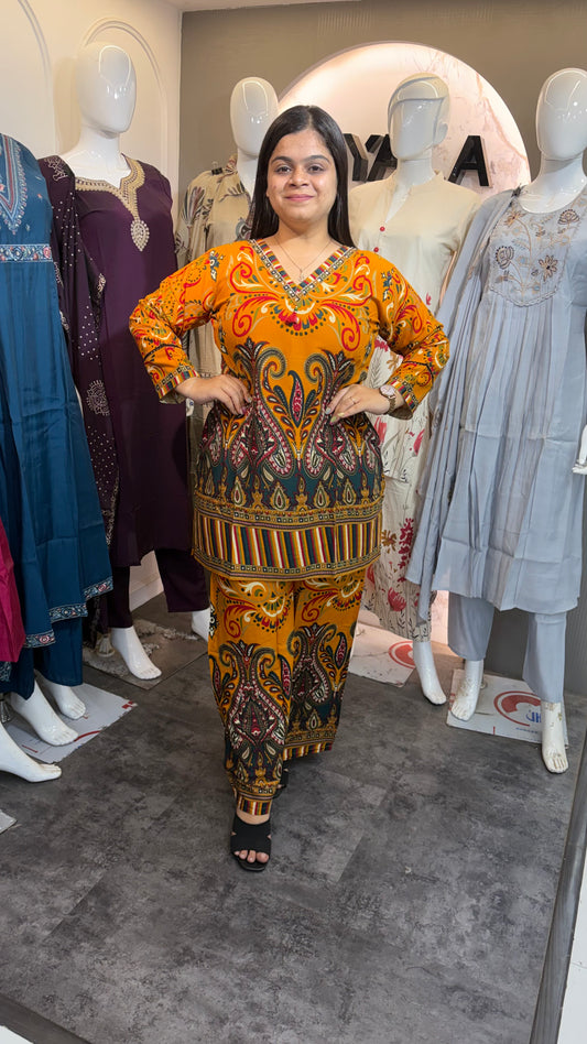 Mustard yellow  V-neck printed coord set