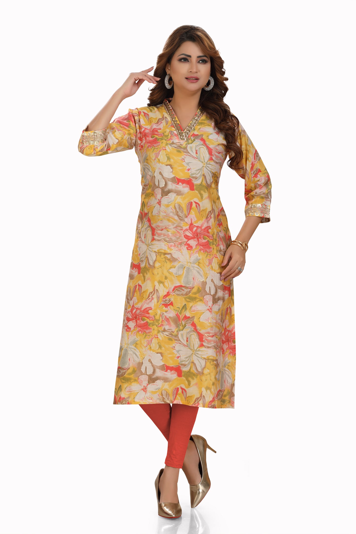 Yellow Floral V-neck kurti