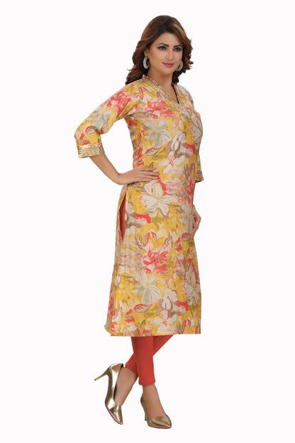 Yellow Floral V-neck kurti