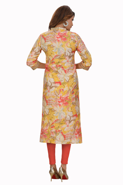 Yellow Floral V-neck kurti