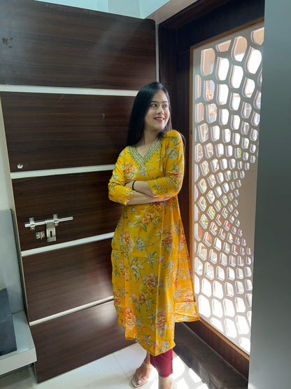 Yellow Floral V-neck kurti