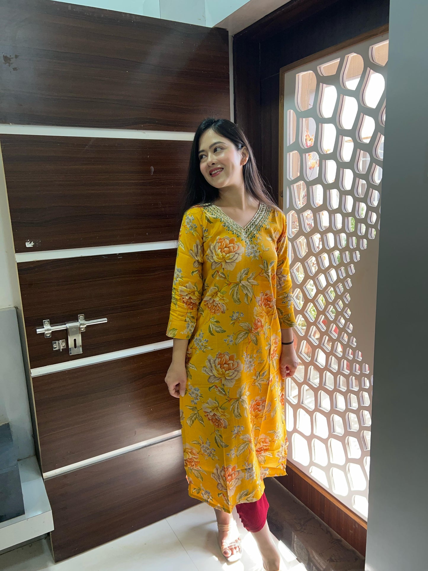 Yellow Floral V-neck kurti