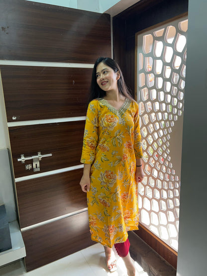 Yellow Floral V-neck kurti
