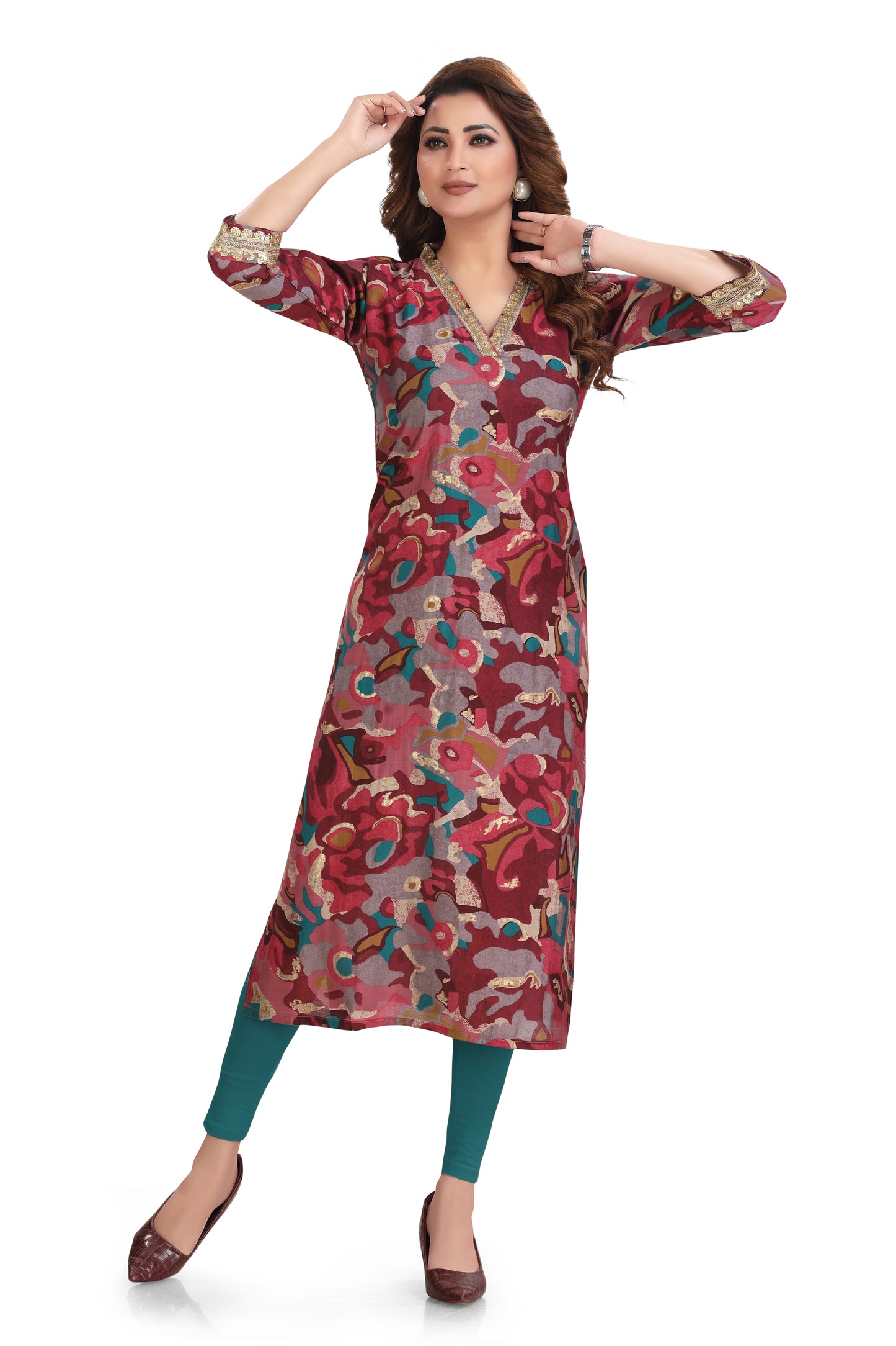 Wine abstract print V-neck kurti