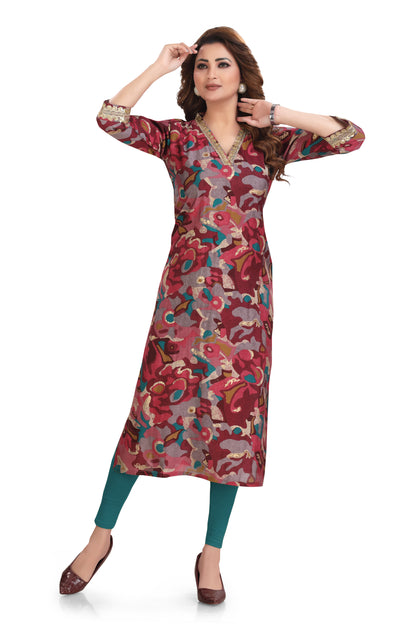 Wine abstract print V-neck kurti