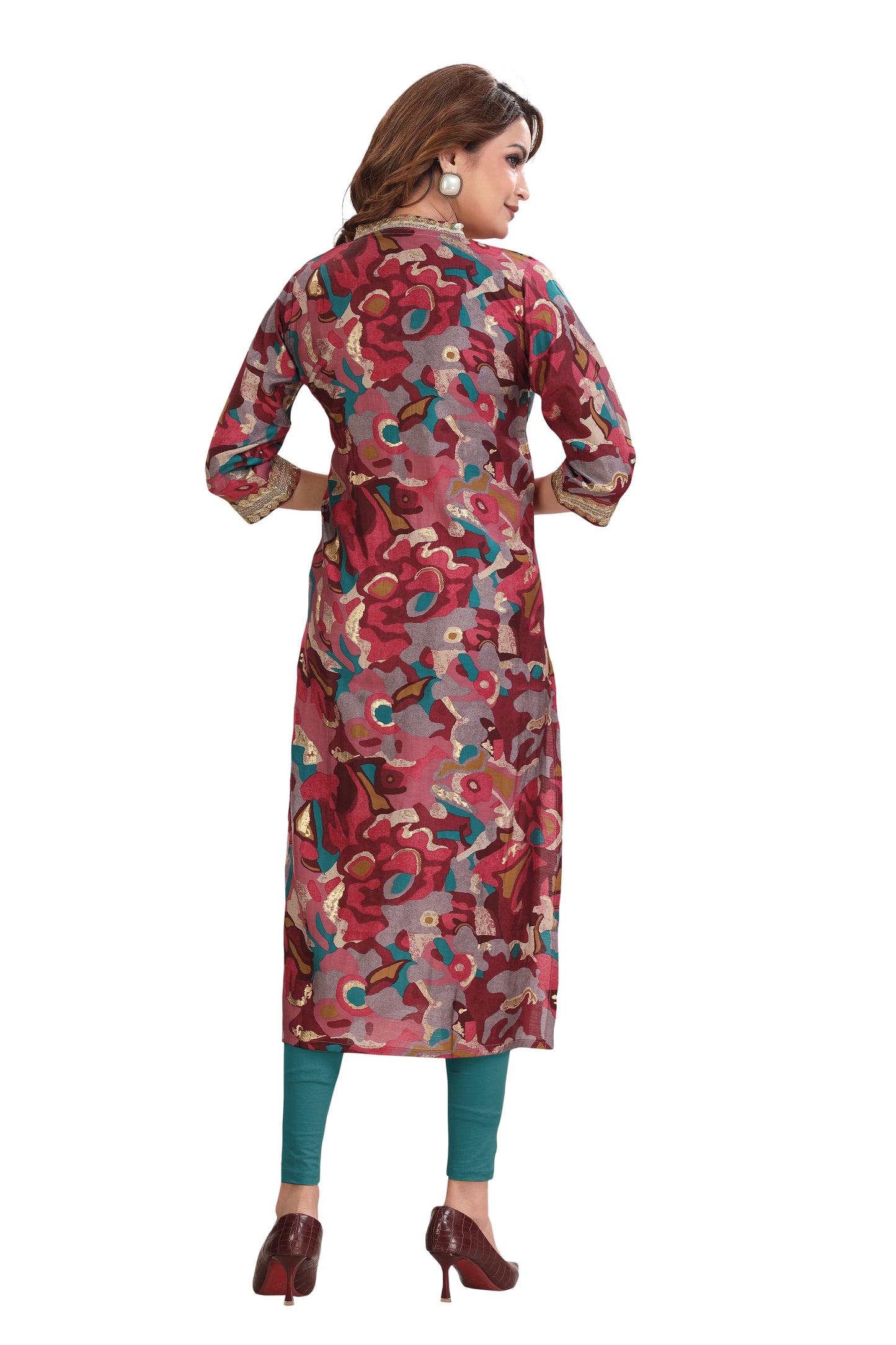Wine abstract print V-neck kurti