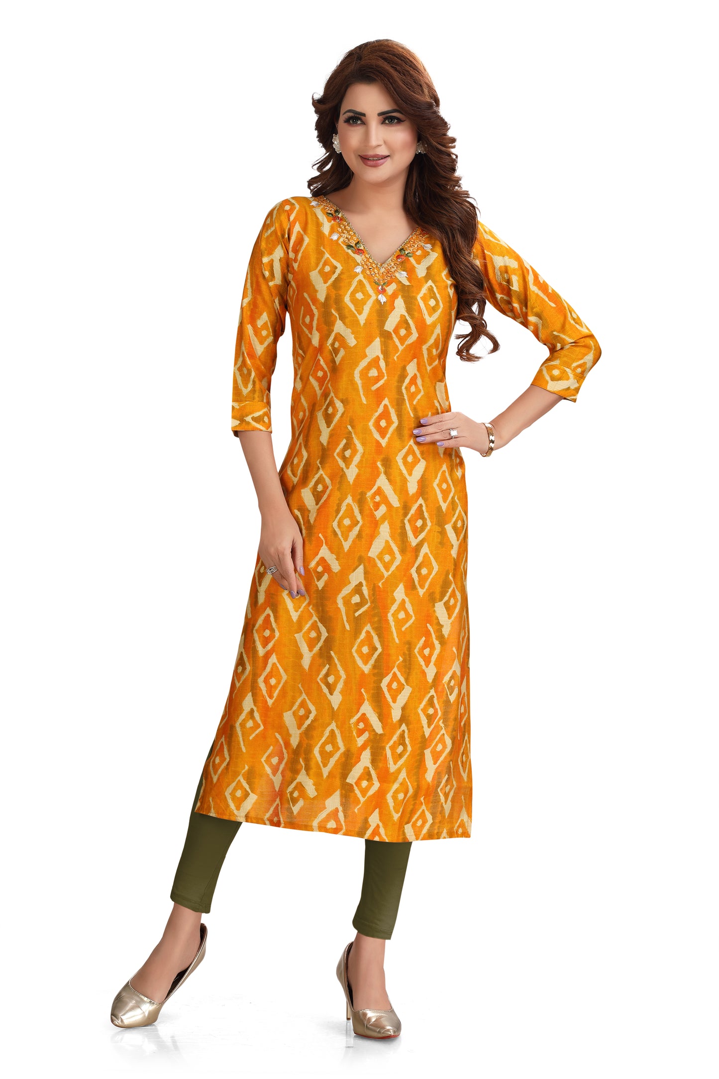 Yellow Green V-neck Real Mirror work kurti